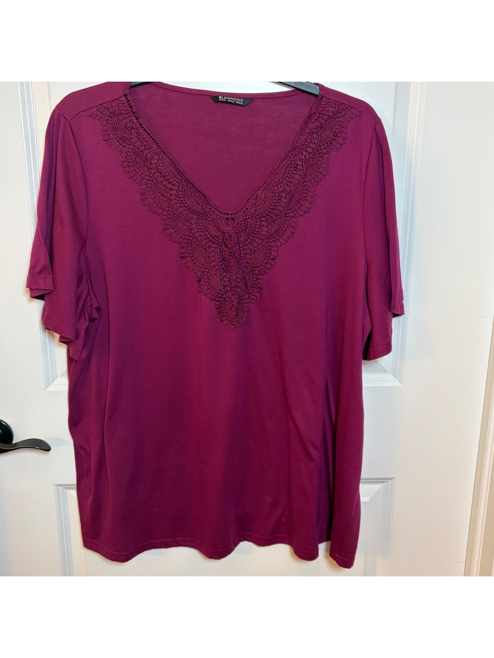 BloomChic Plus Size Burgundy Top with Lace V-Neck Detail